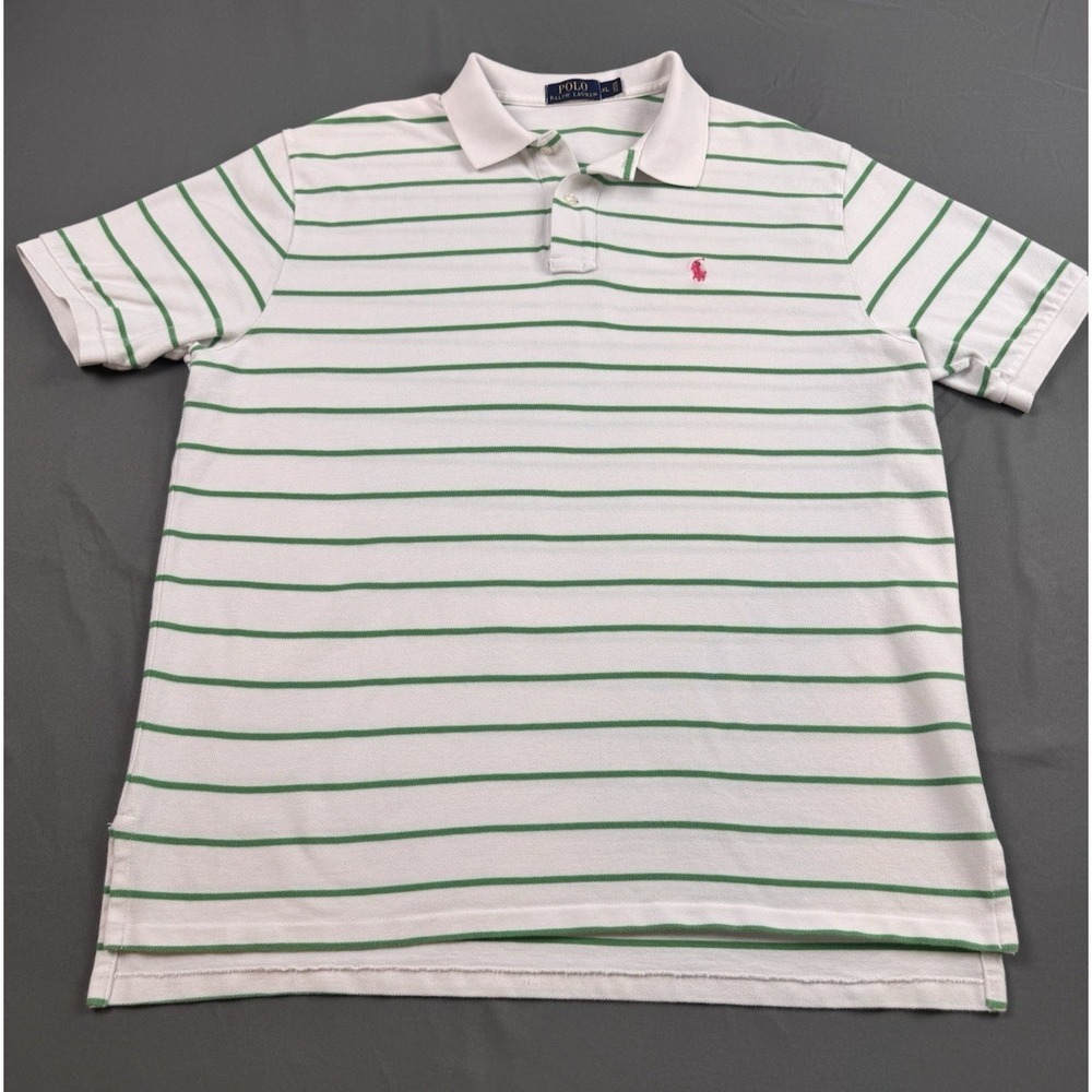 Polo Ralph Lauren Men's Green White Striped Polo Shirt XL Short Sleeve Pink Pony - Picture 2 of 13